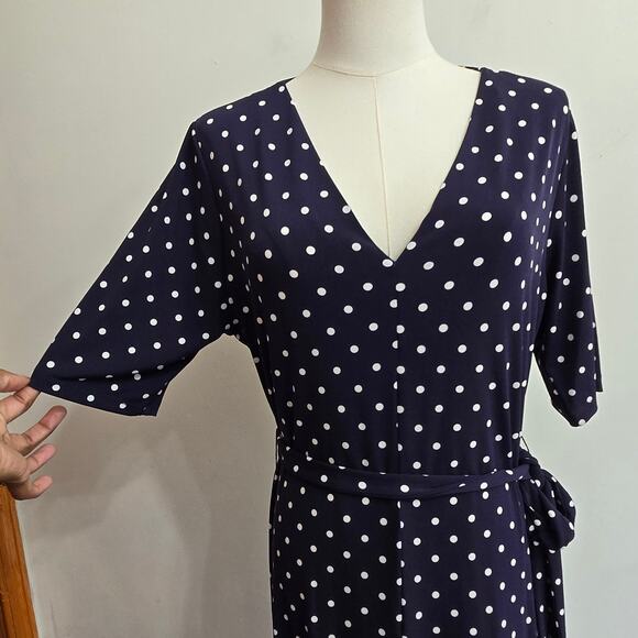 Chaus NY Women Classic Preppy Staple Navy White Polka Dot Faux Wrap Maxi Dress L - Picture 2 of 9